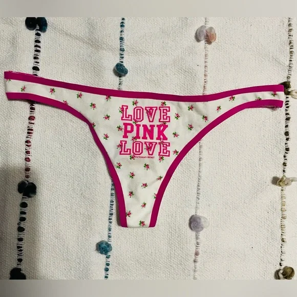 PINK Vintage Victoria's Secret Pink and White Low-Rise Thong - Picture 1 of 4